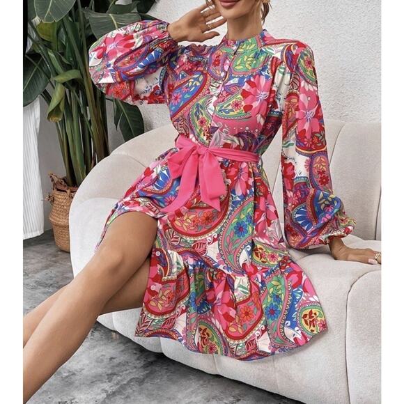 Boho Ladies Dress with Belt Paisley Pattern Lantern Sleeve Ruffle - Picture 2 of 8